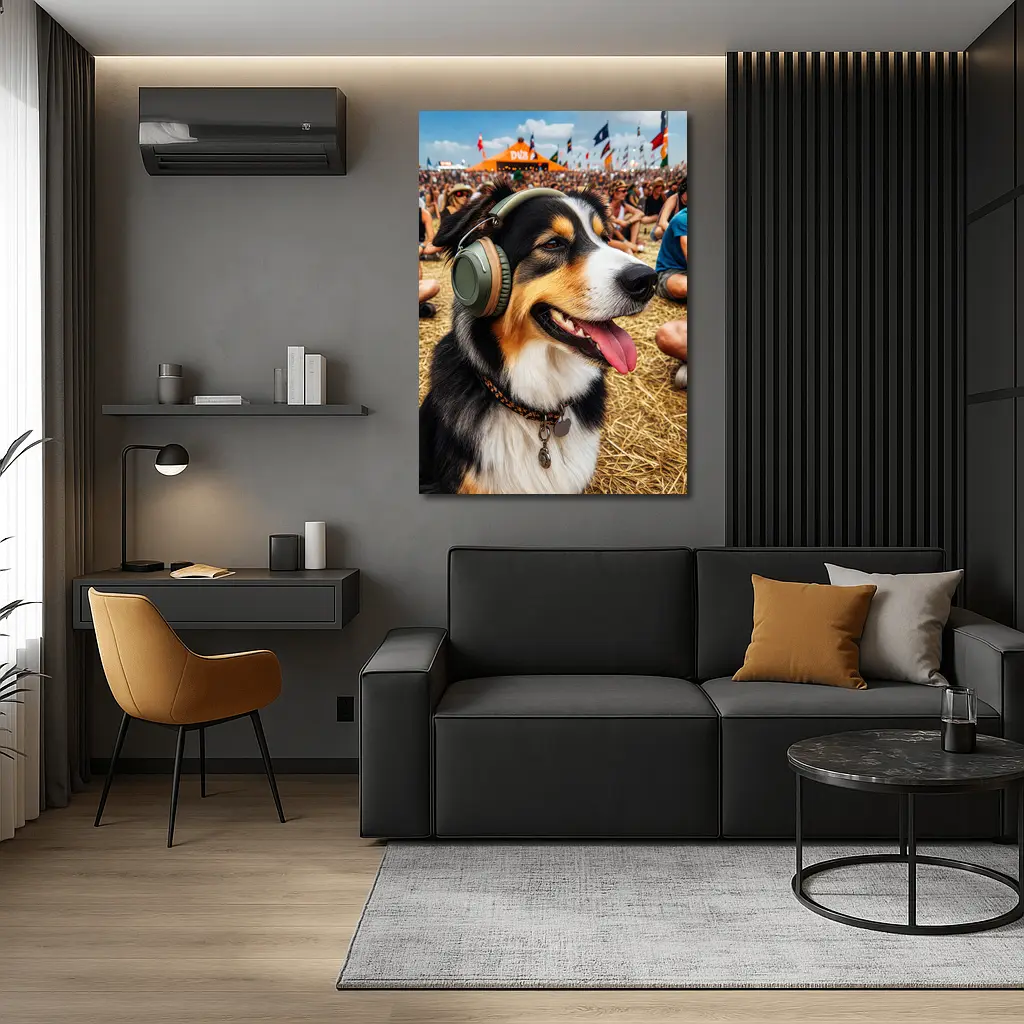 Australian Shepherd Dog Wearing Headphones Music Festival – Wall Art