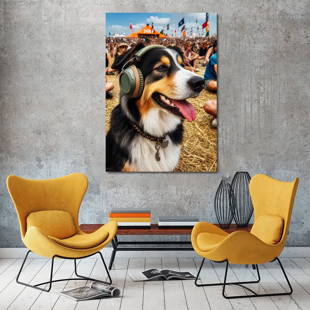 Australian Shepherd Dog Wearing Headphones Music Festival – Wall Art