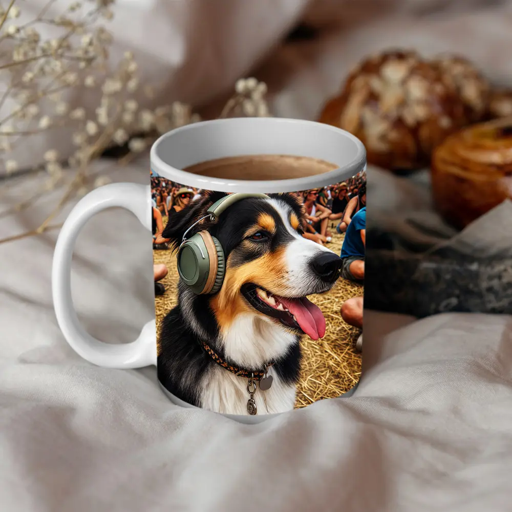 Australian Shepherd Dog Wearing Headphones Music Festival – Mugs
