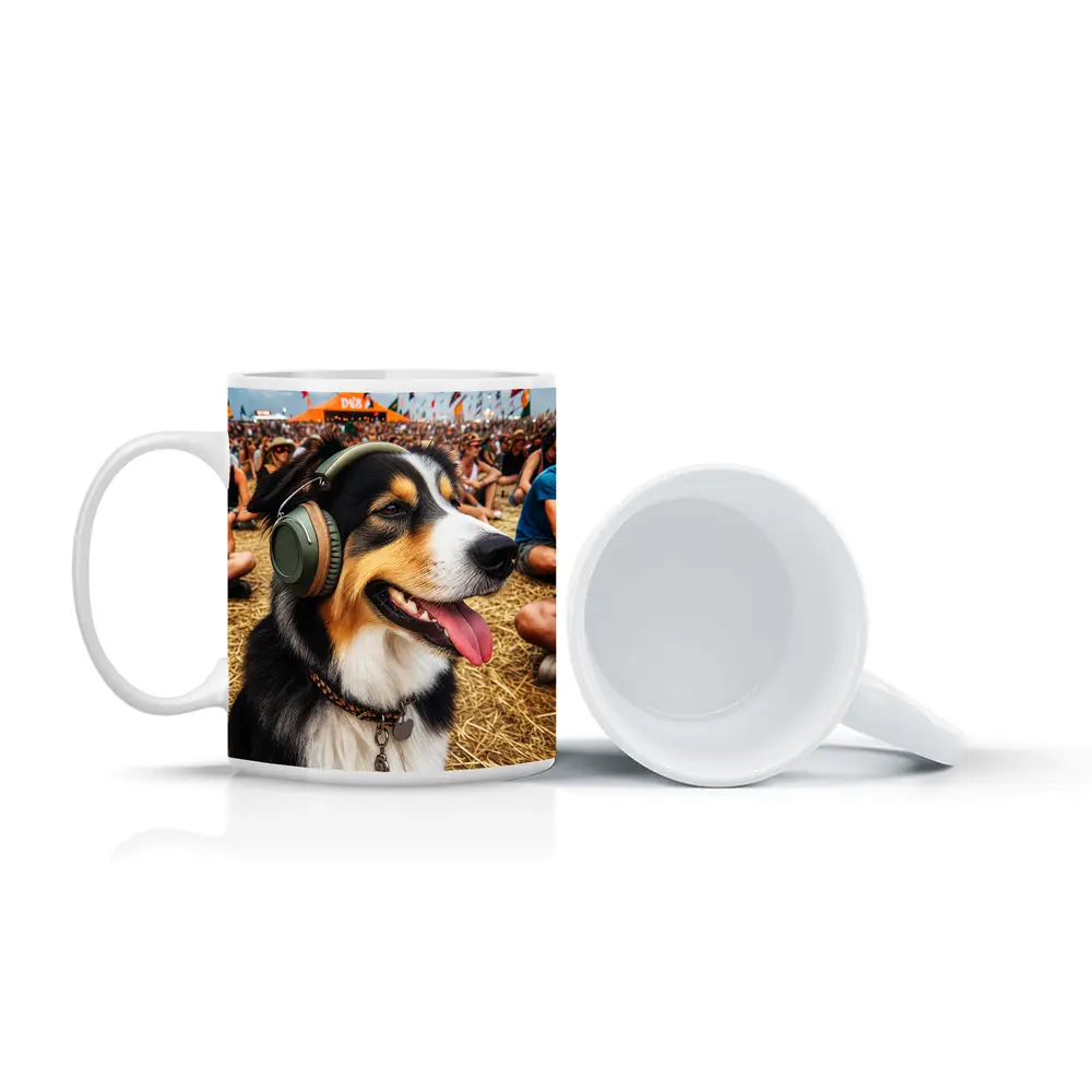 Australian Shepherd Dog Wearing Headphones Music Festival – Mugs