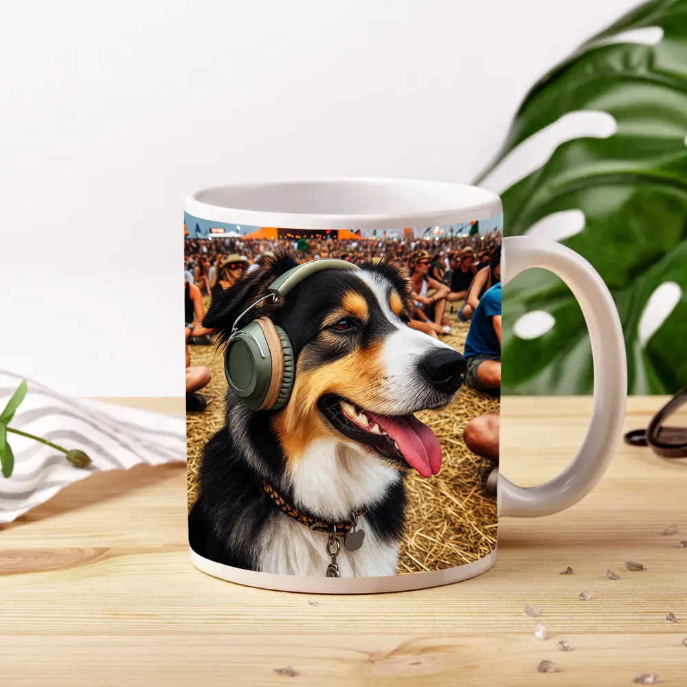 Australian Shepherd Dog Wearing Headphones Music Festival – Mugs