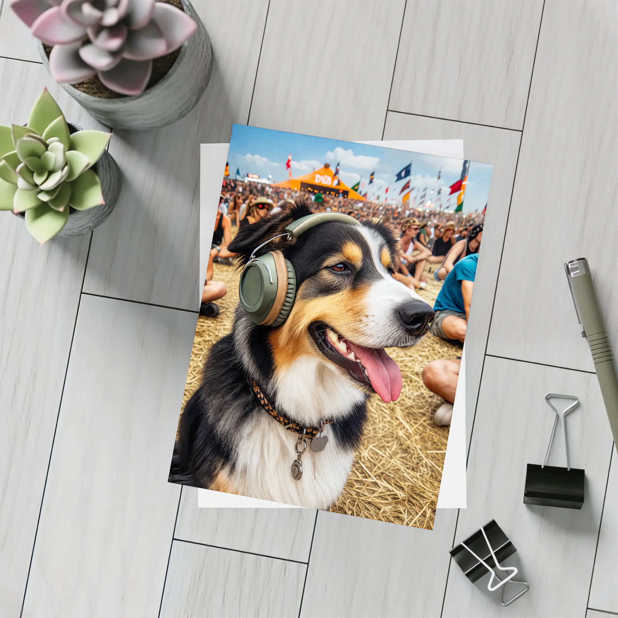 Australian Shepherd Dog Wearing Headphones Music Festival – Postcards