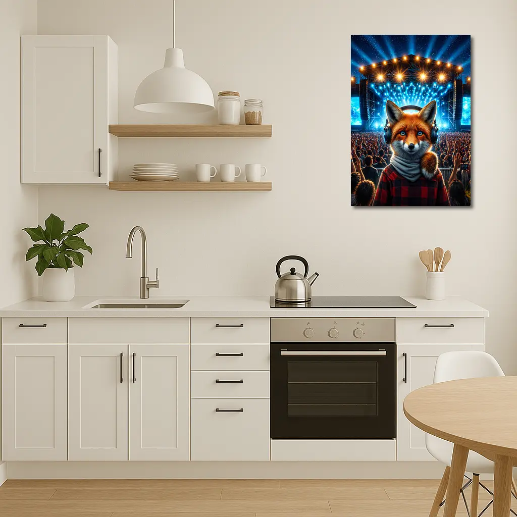 Red Fox With Headphones At Concert Stage – Wall Art