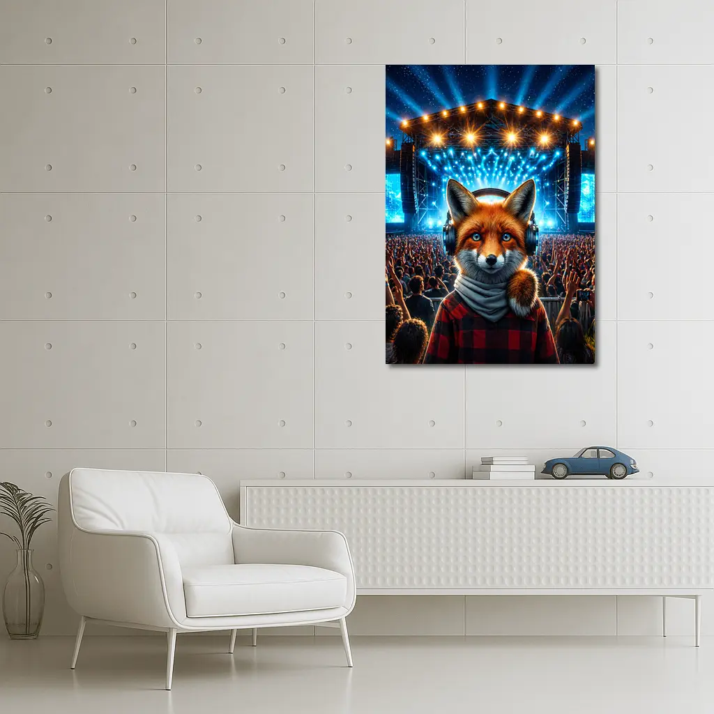 Red Fox With Headphones At Concert Stage – Wall Art