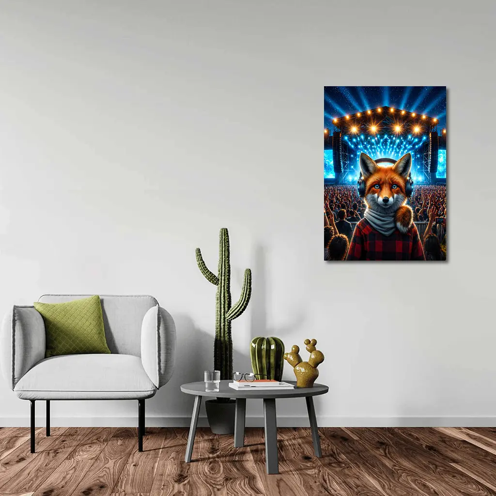 Red Fox With Headphones At Concert Stage – Wall Art