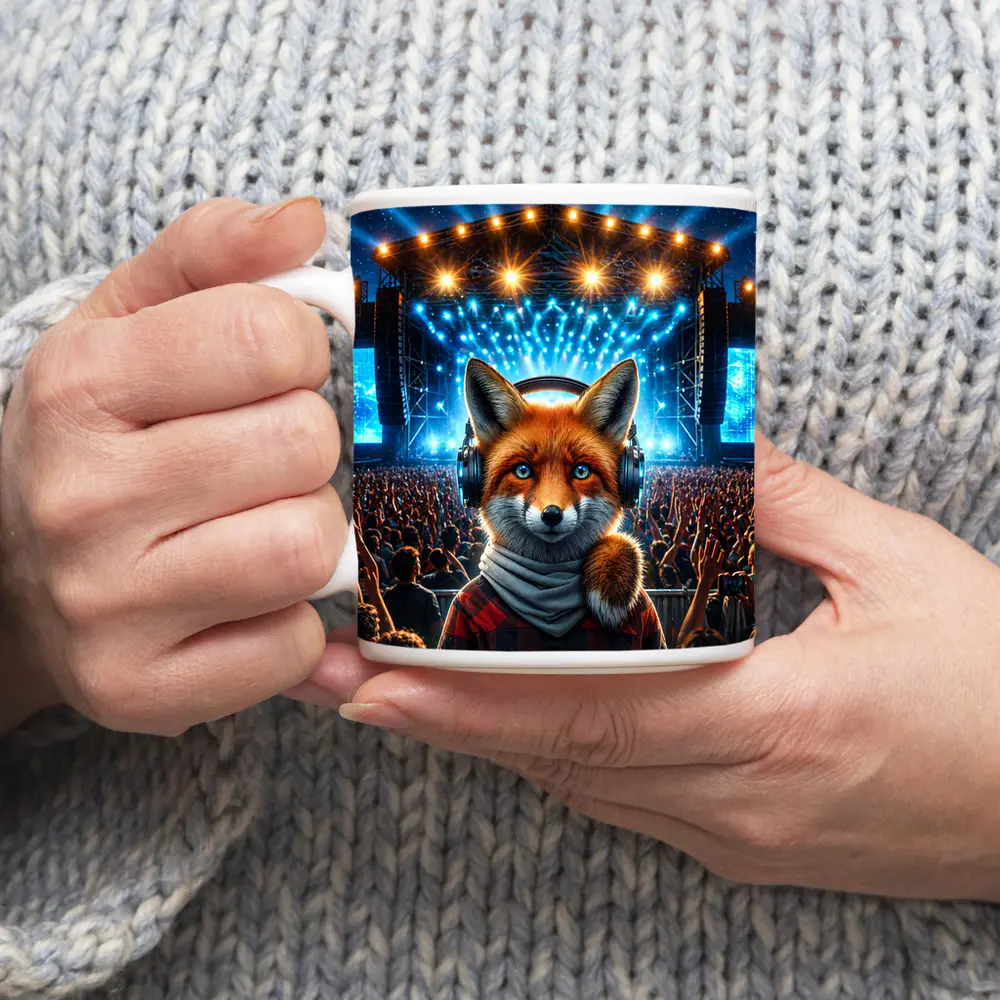 Red Fox With Headphones At Concert Stage – Mugs