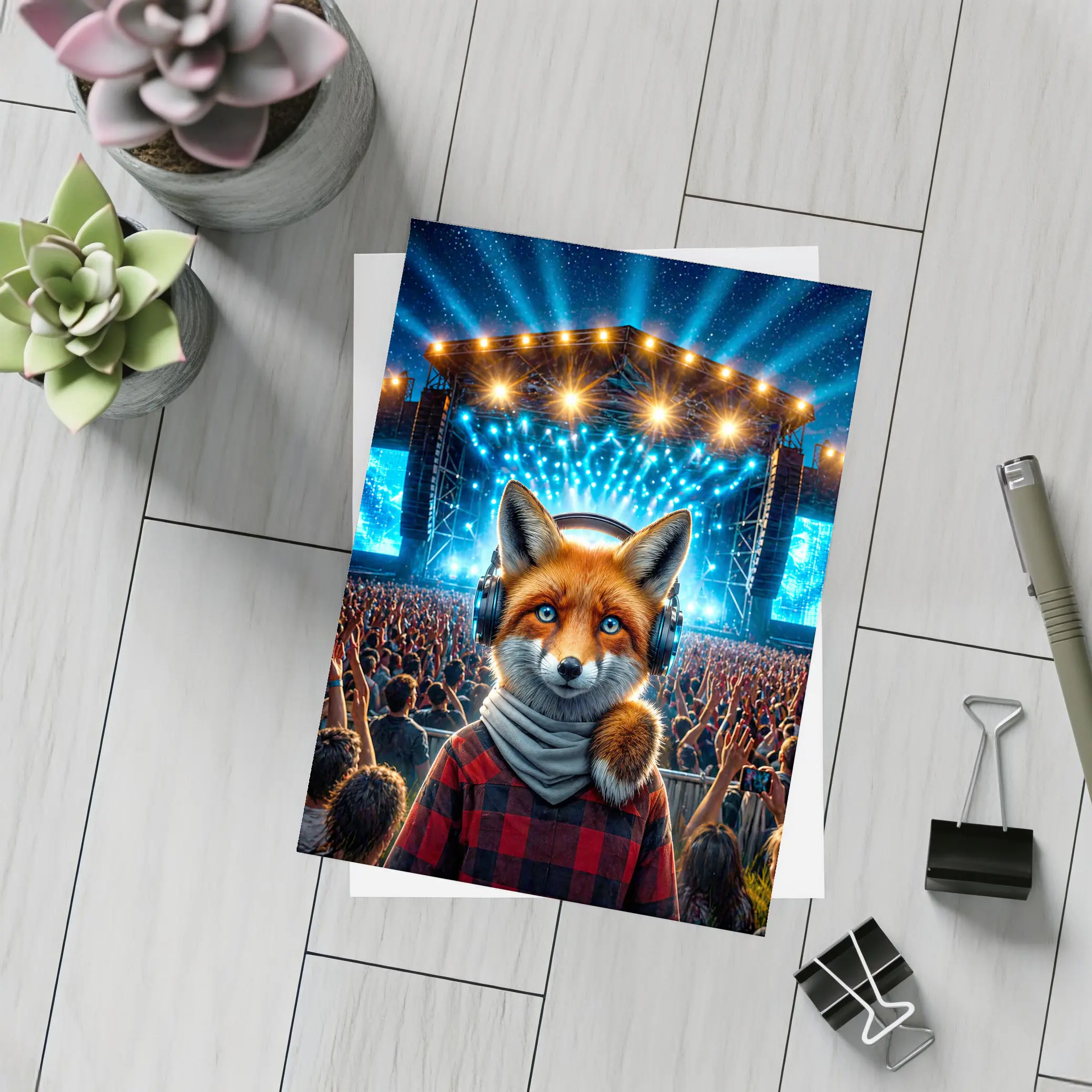 Red Fox With Headphones At Concert Stage – Postcards