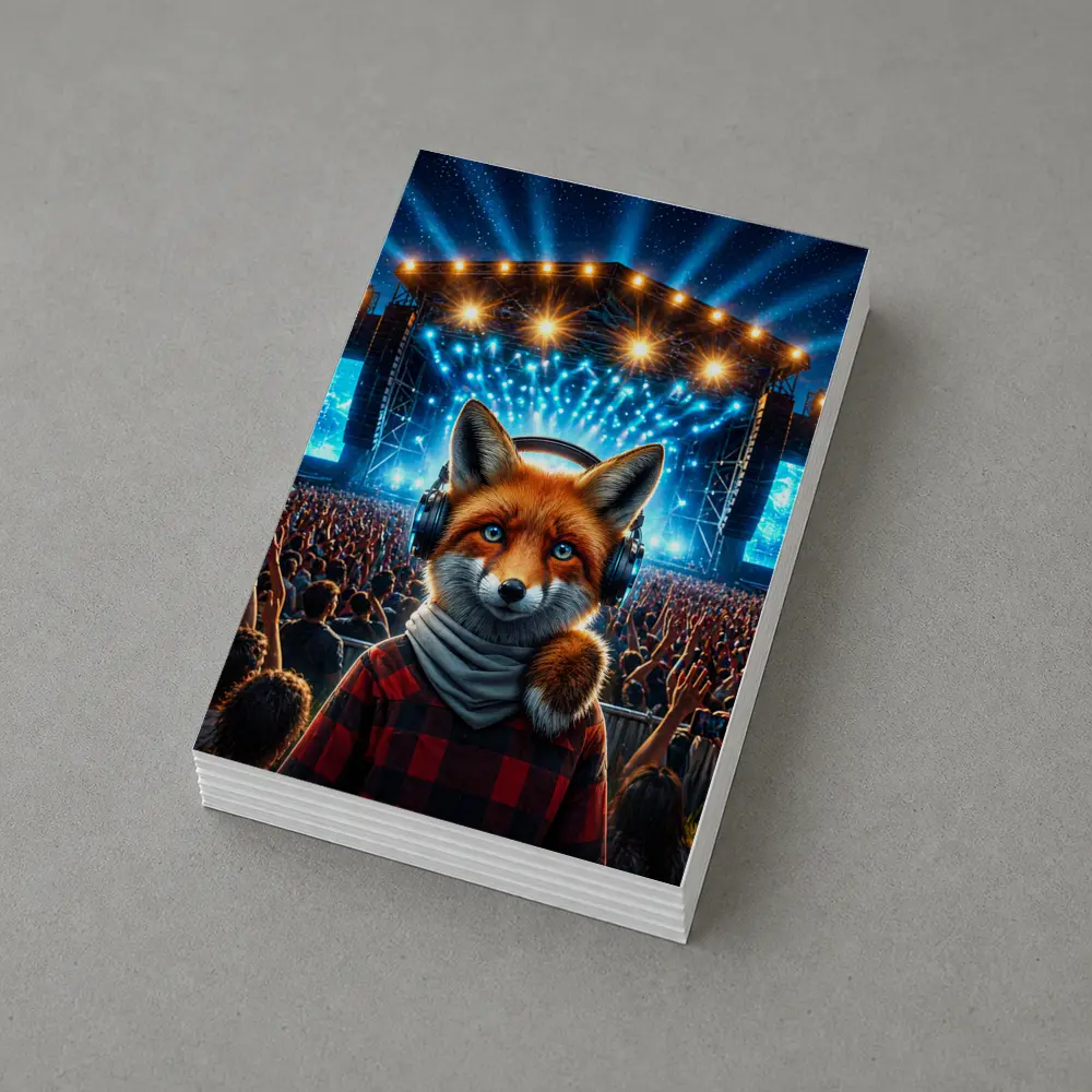 Red Fox With Headphones At Concert Stage – Postcards