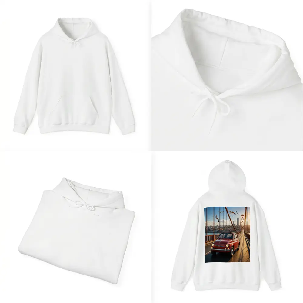Red Fiat 500 Classic Car On Bridge – Hoodies