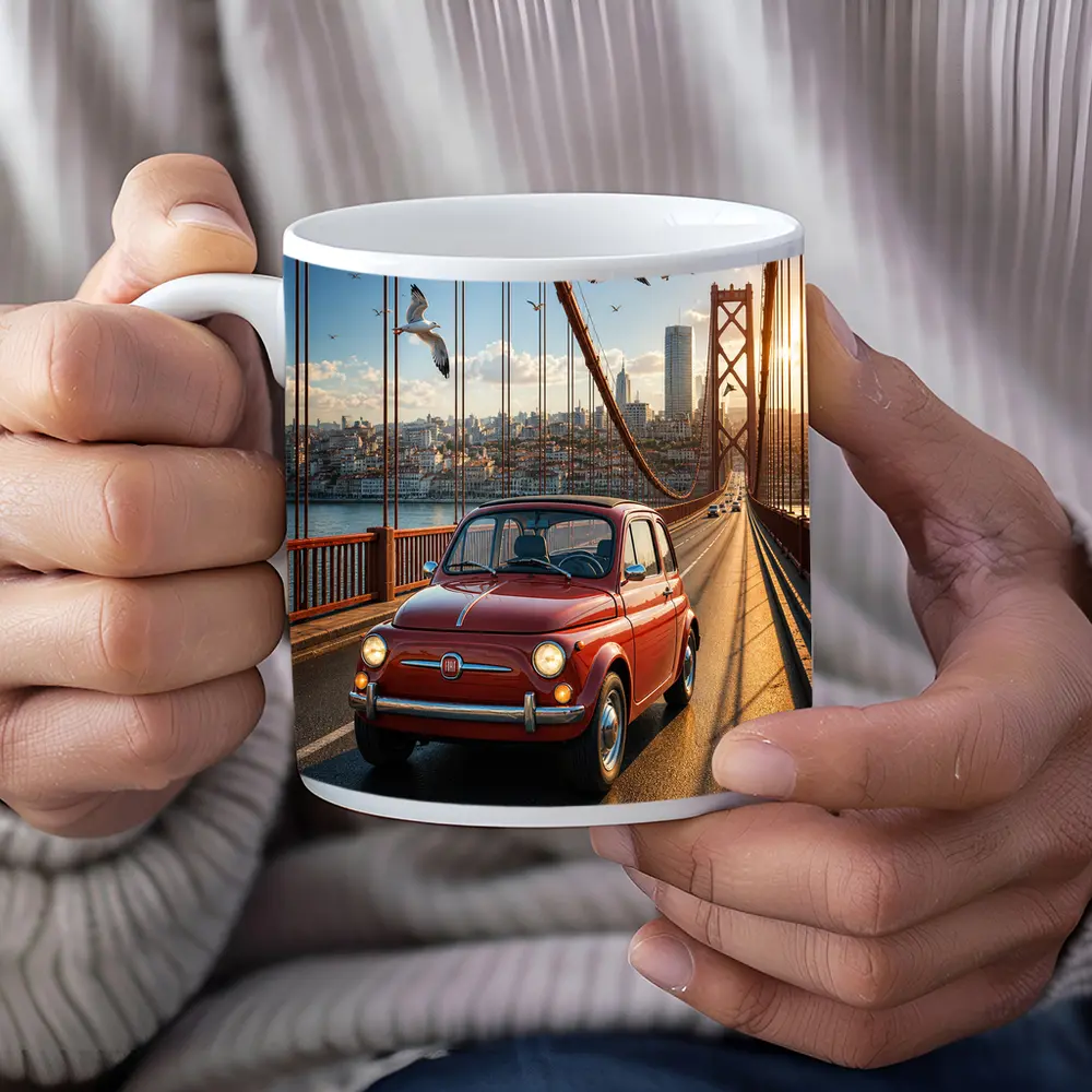 Red Fiat 500 Classic Car On Bridge – Mugs