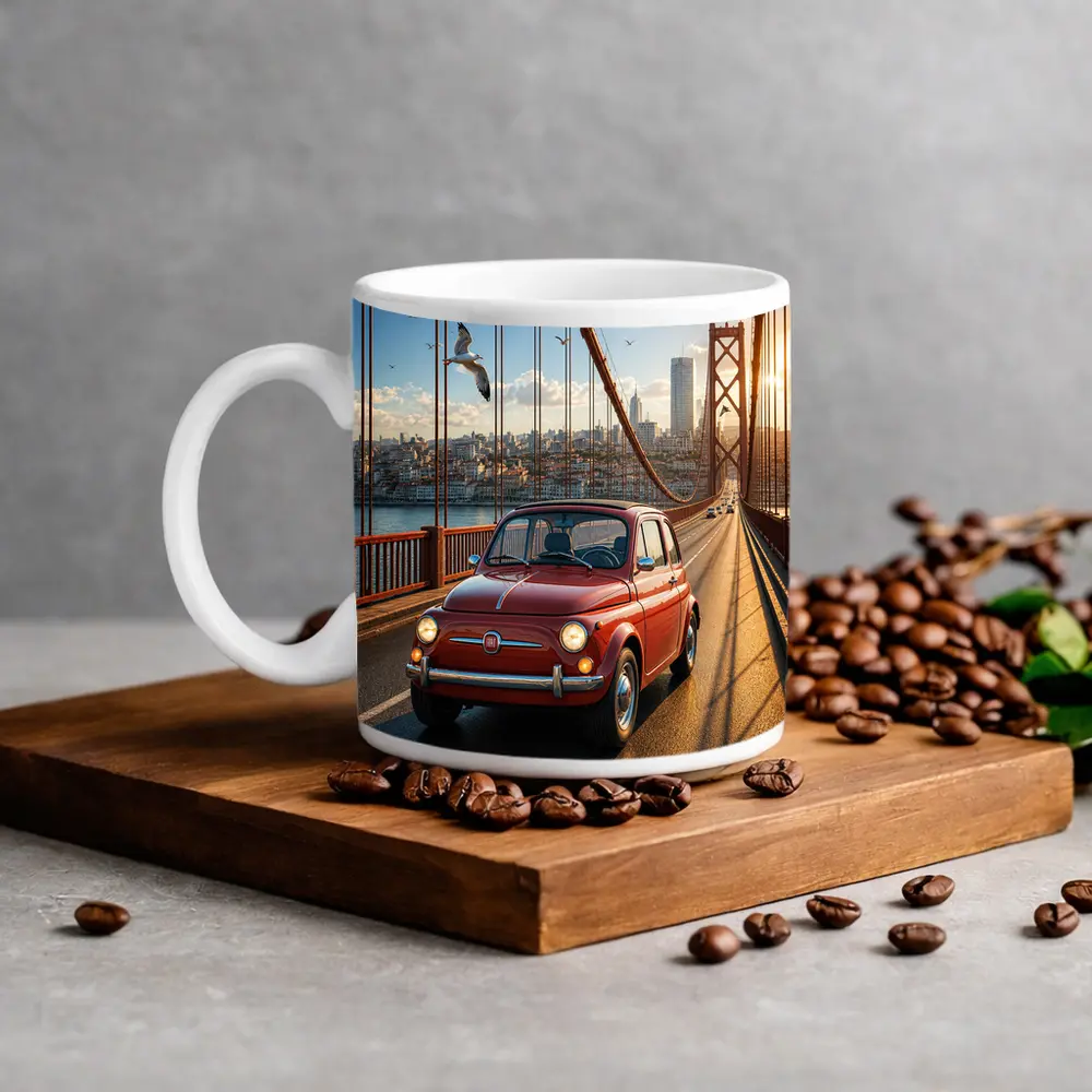 Red Fiat 500 Classic Car On Bridge – Mugs
