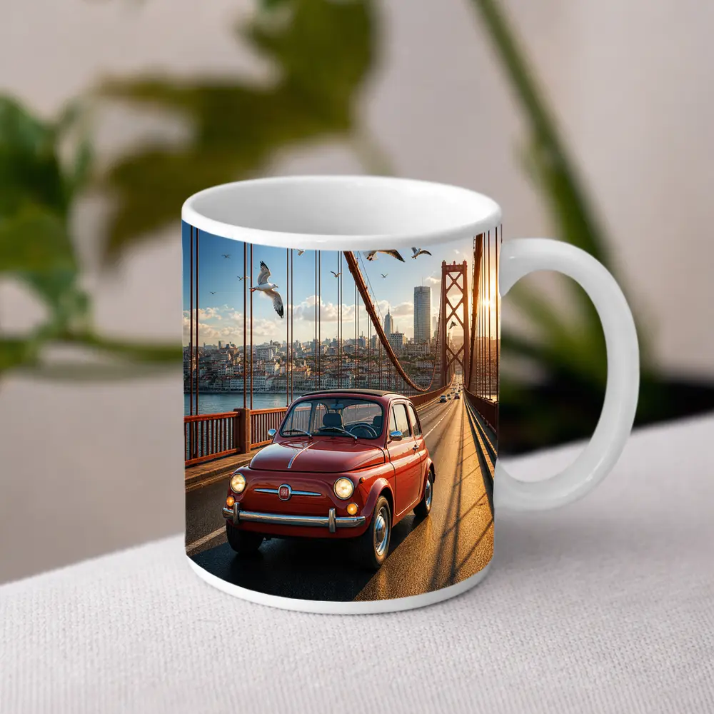 Red Fiat 500 Classic Car On Bridge – Mugs