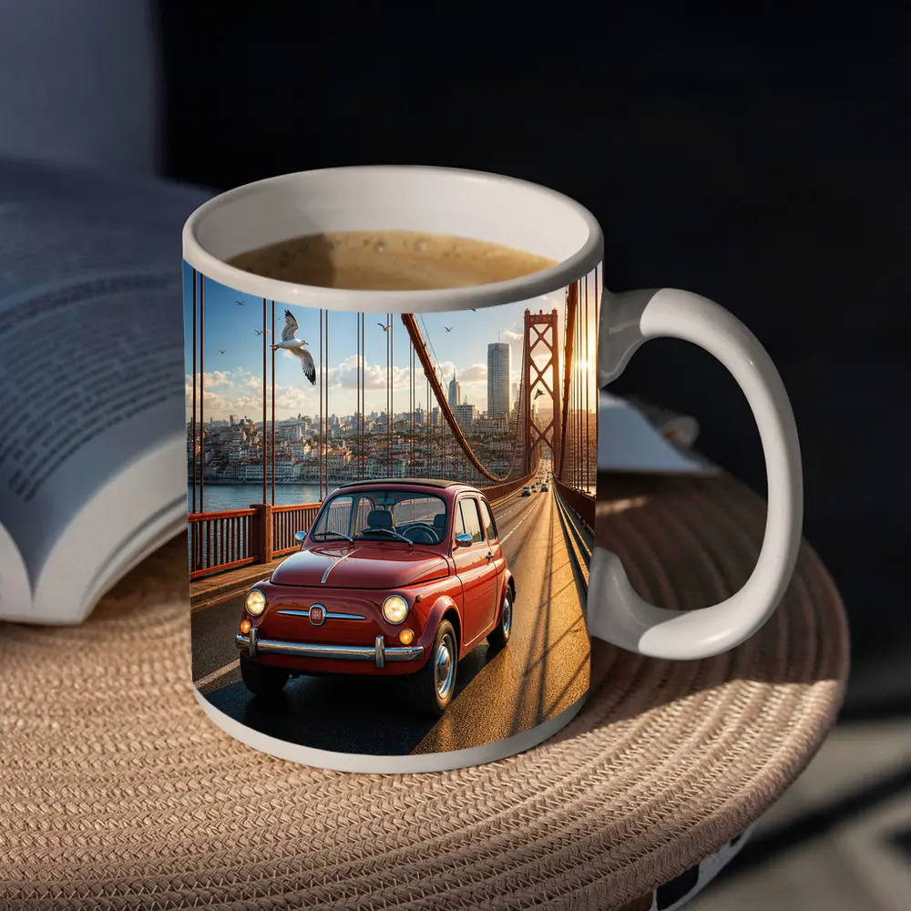 Red Fiat 500 Classic Car On Bridge – Mugs