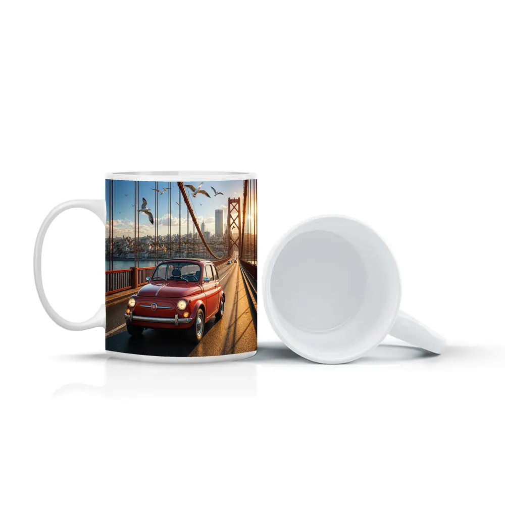 Red Fiat 500 Classic Car On Bridge – Mugs