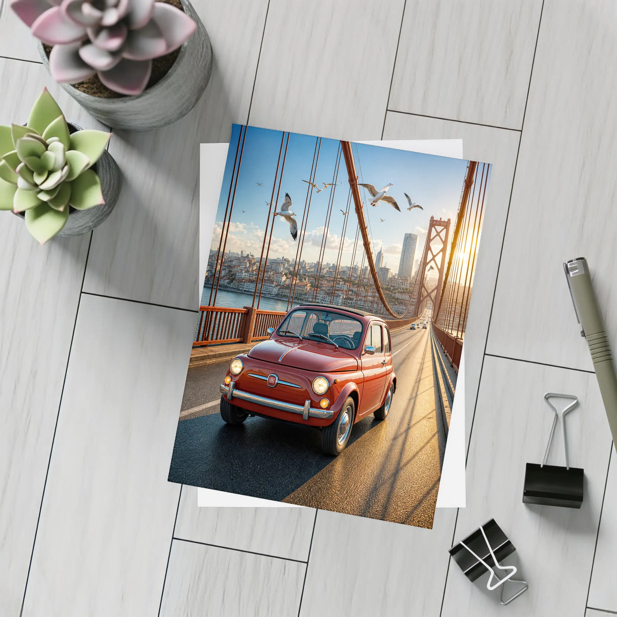 Red Fiat 500 Classic Car On Bridge – Postcards