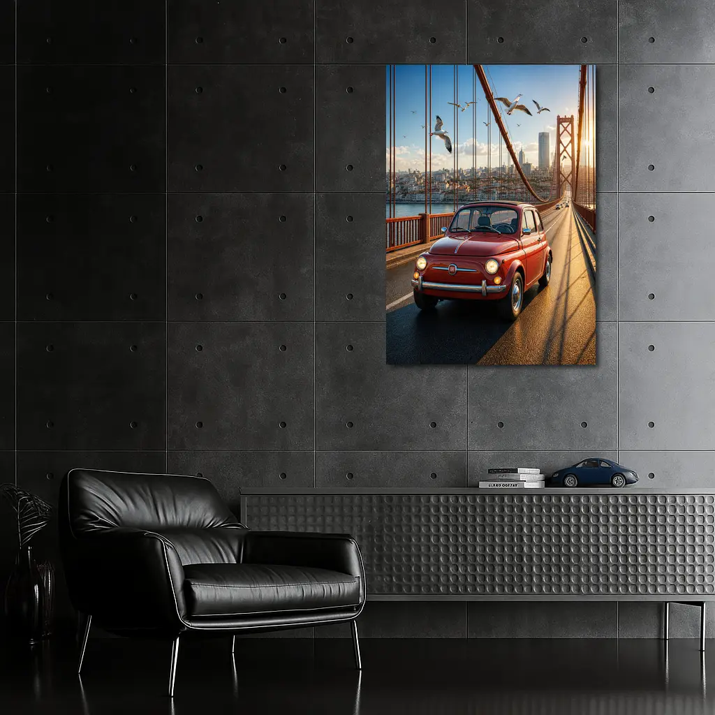 Red Fiat 500 Classic Car On Bridge – Wall Art