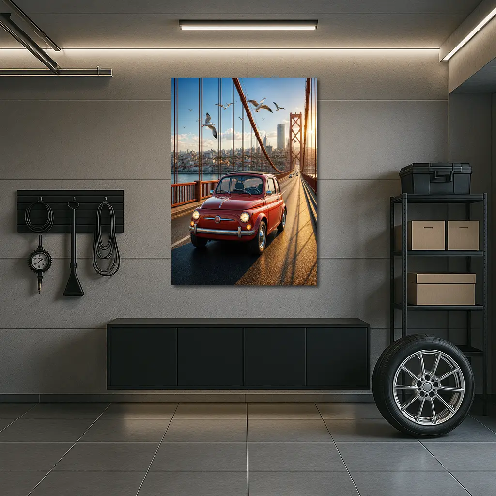 Red Fiat 500 Classic Car On Bridge – Wall Art