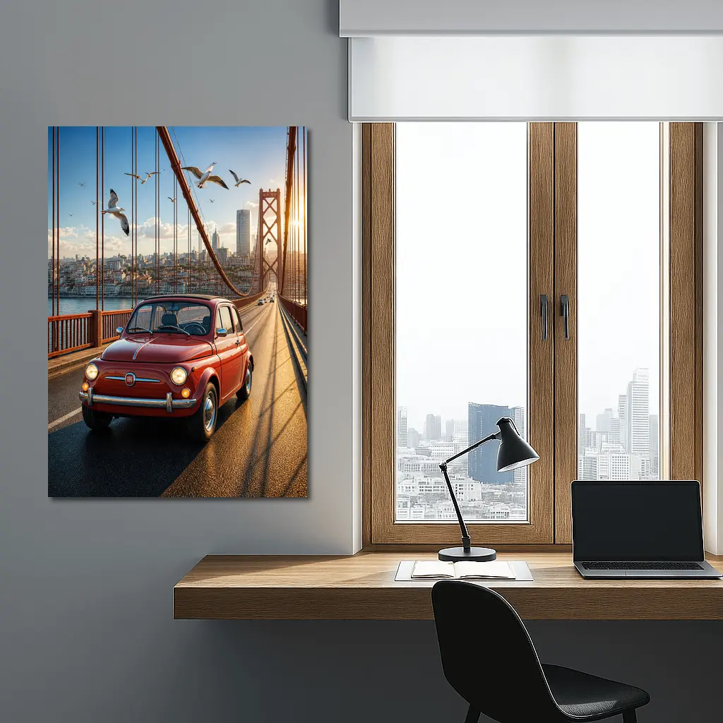 Red Fiat 500 Classic Car On Bridge – Wall Art