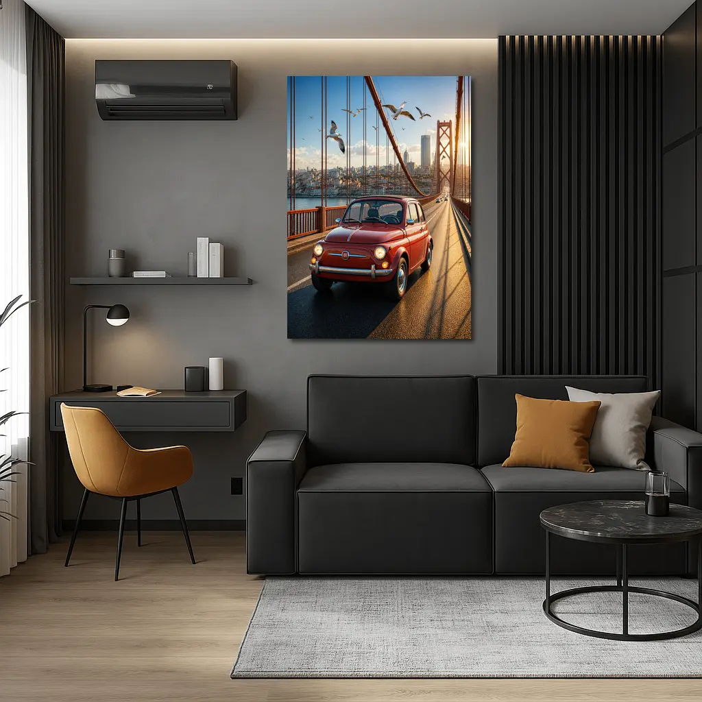 Red Fiat 500 Classic Car On Bridge – Wall Art