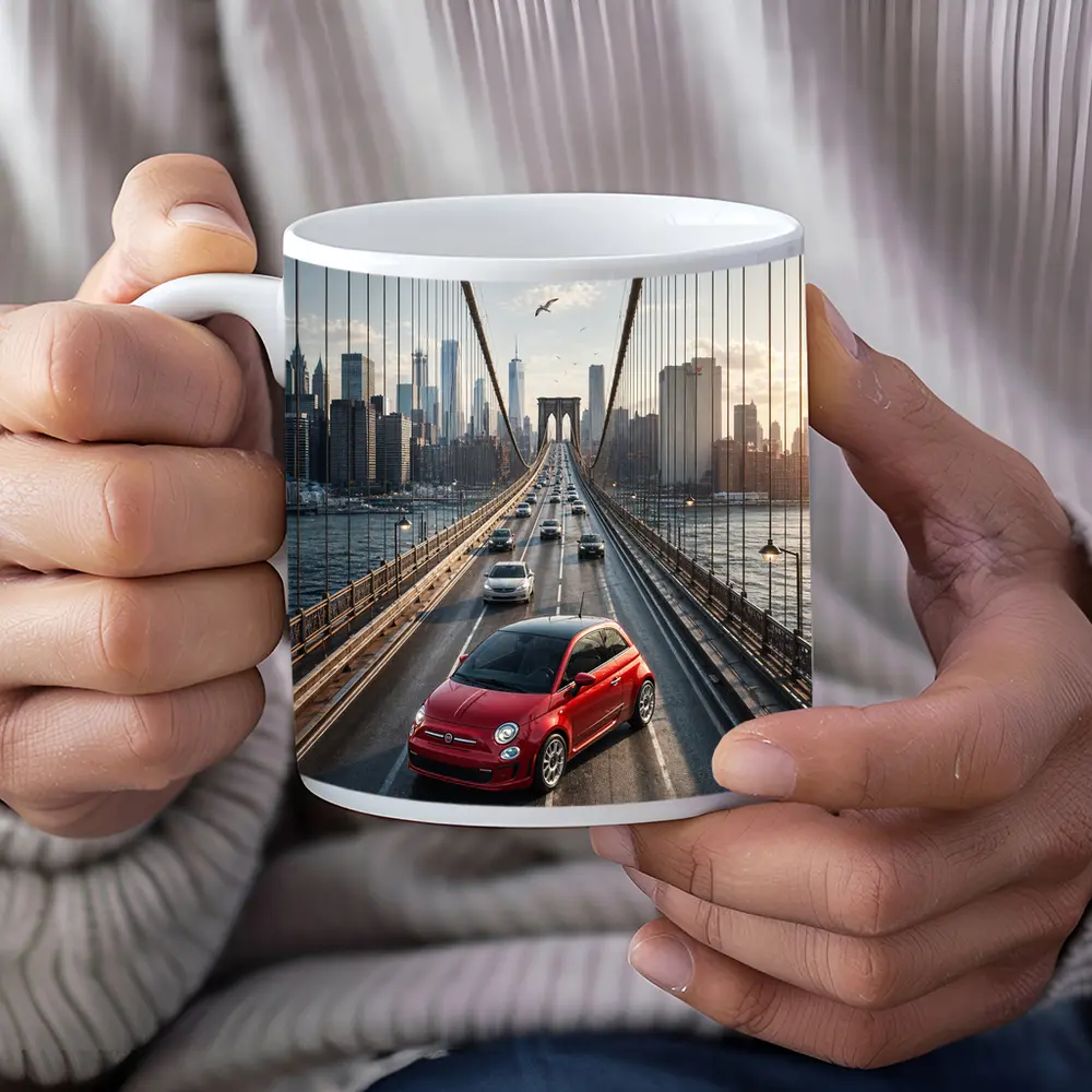 Fiat 500 Red on Brooklyn Bridge NYC – Mugs