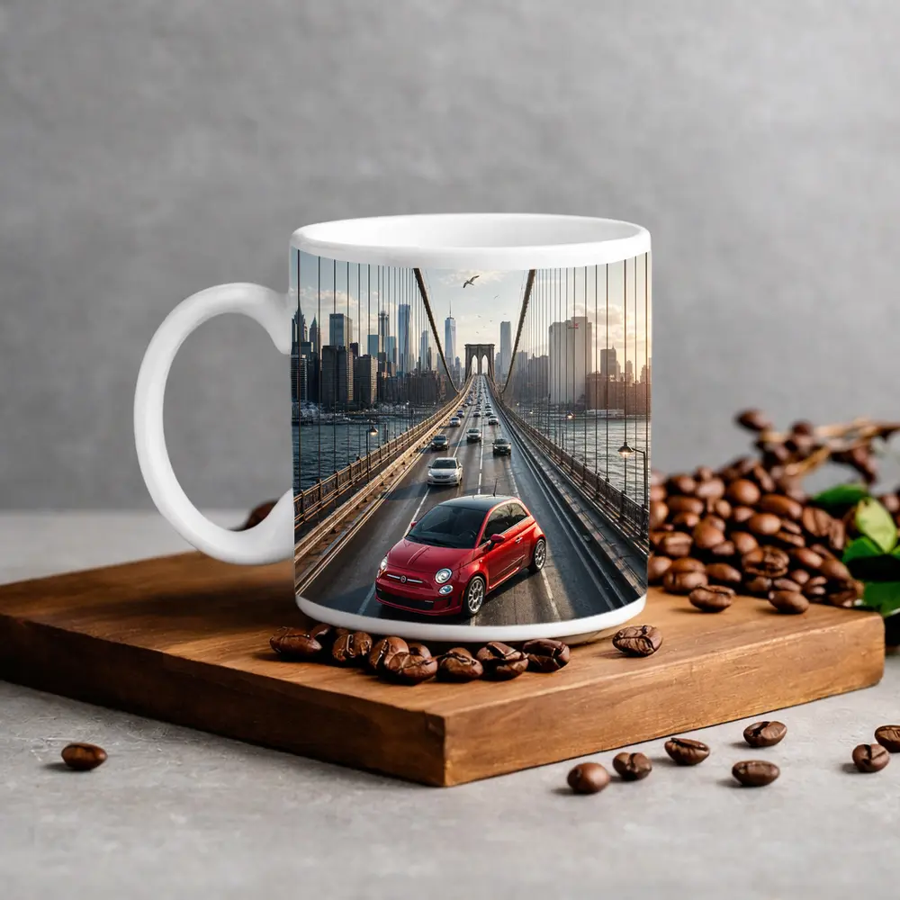 Fiat 500 Red on Brooklyn Bridge NYC – Mugs