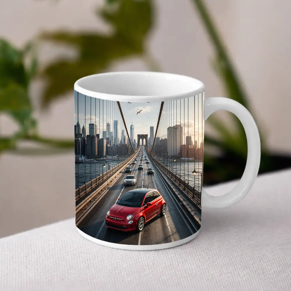 Fiat 500 Red on Brooklyn Bridge NYC – Mugs