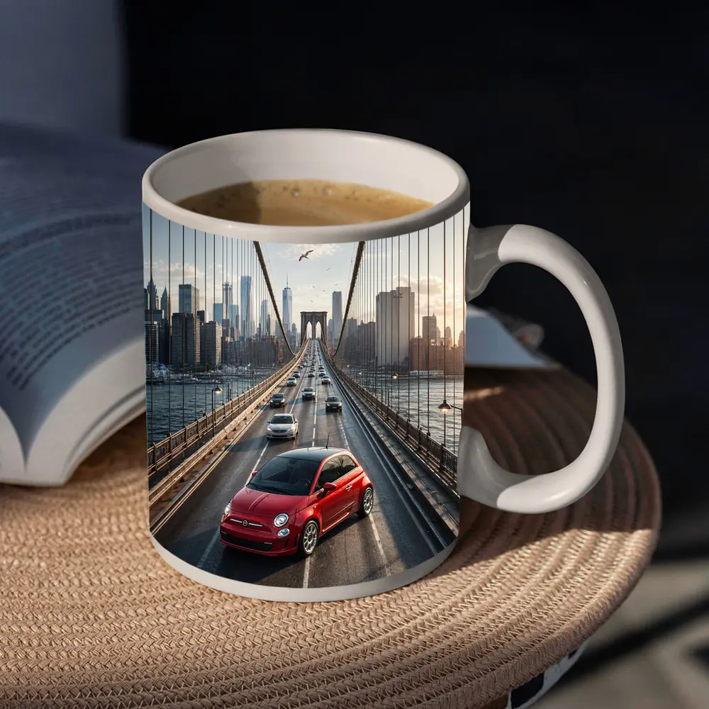 Fiat 500 Red on Brooklyn Bridge NYC – Mugs