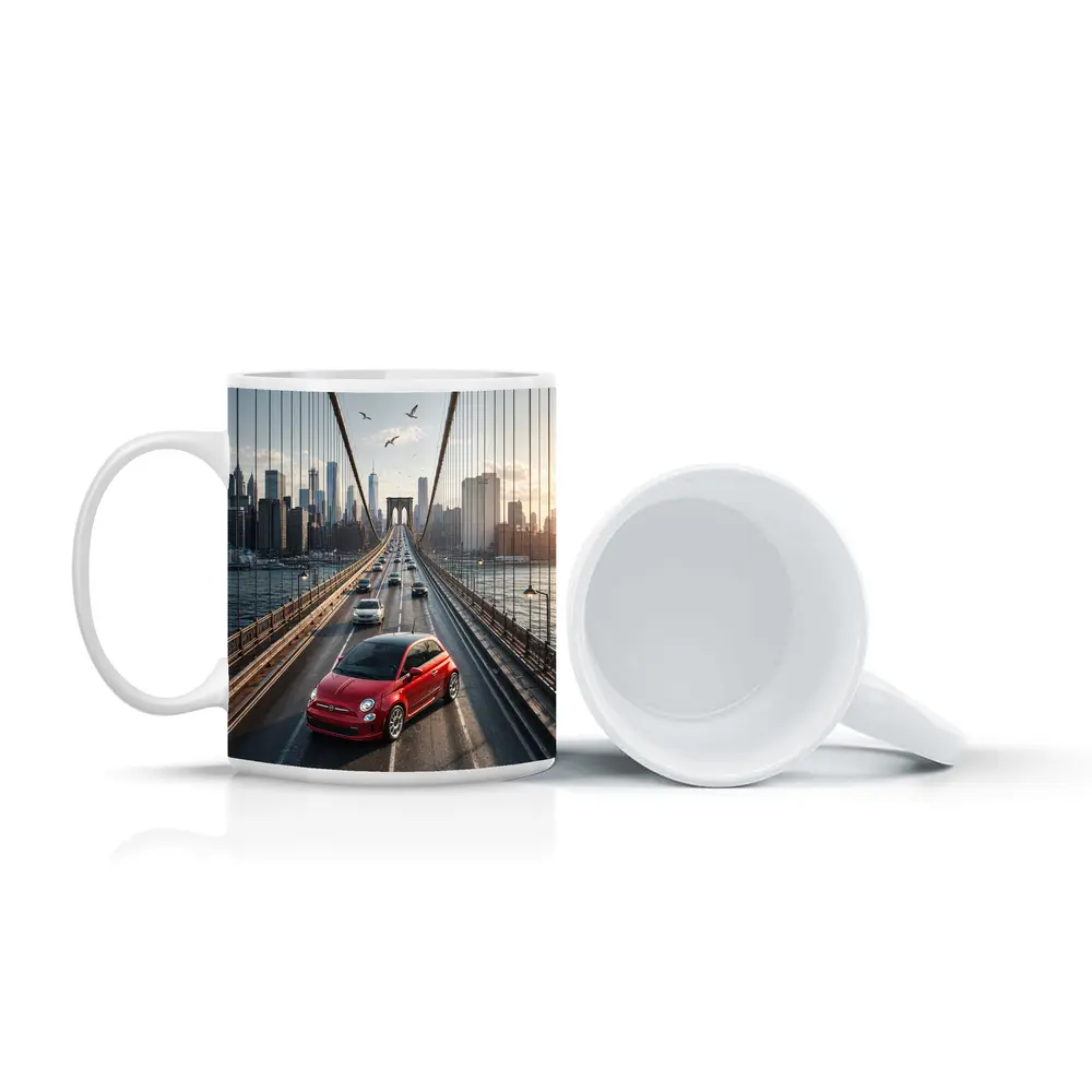 Fiat 500 Red on Brooklyn Bridge NYC – Mugs