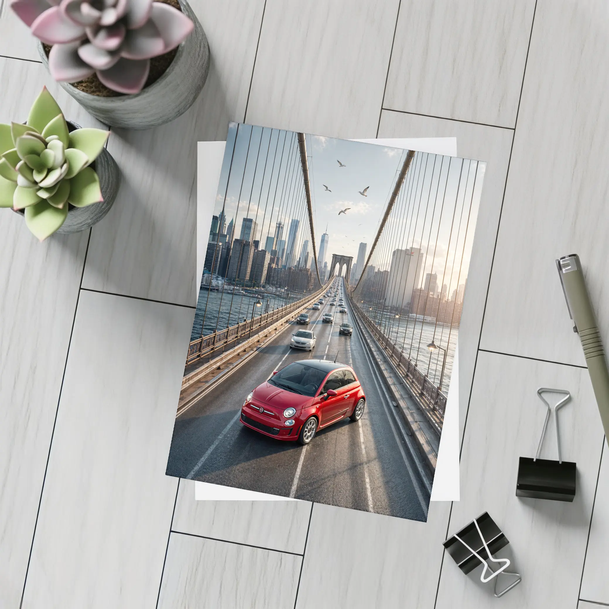 Fiat 500 Red on Brooklyn Bridge NYC – Postcards