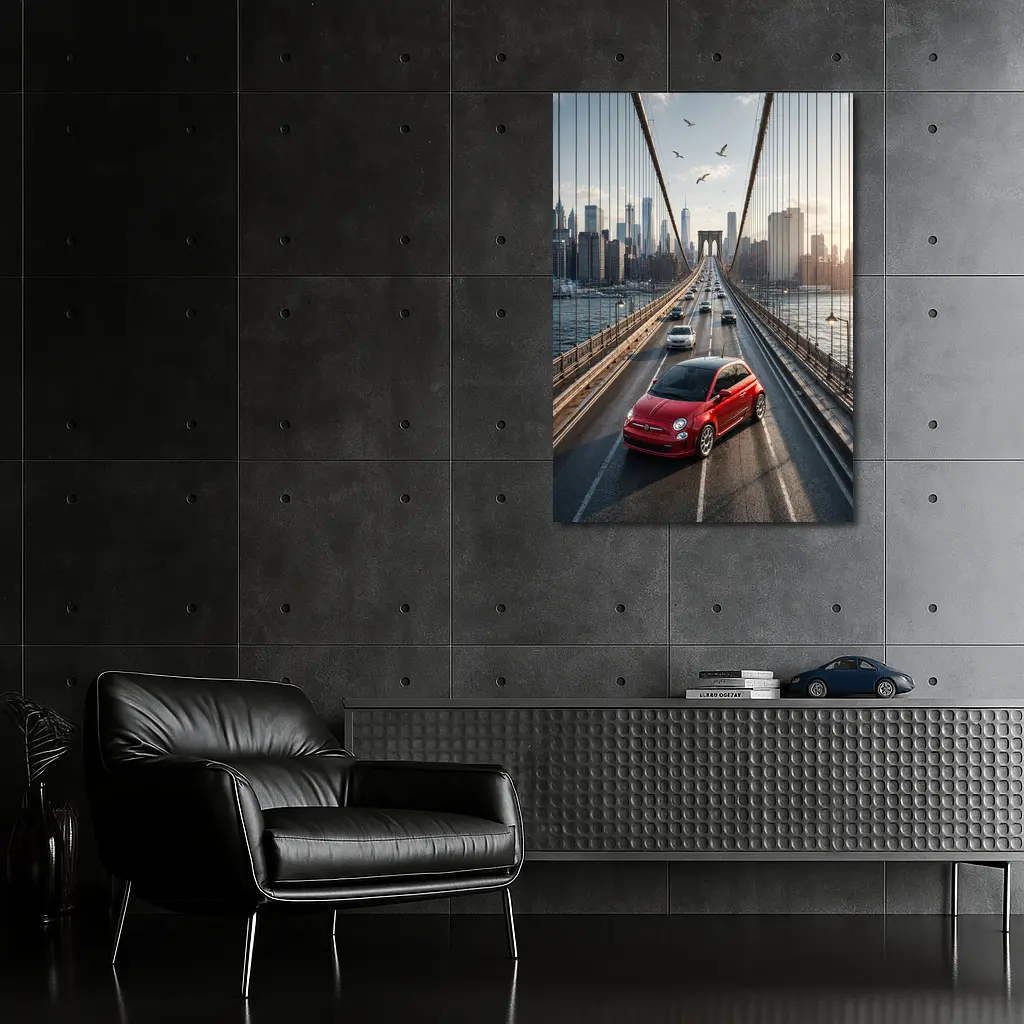 Fiat 500 Red on Brooklyn Bridge NYC – Wall Art
