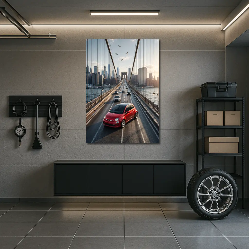 Fiat 500 Red on Brooklyn Bridge NYC – Wall Art