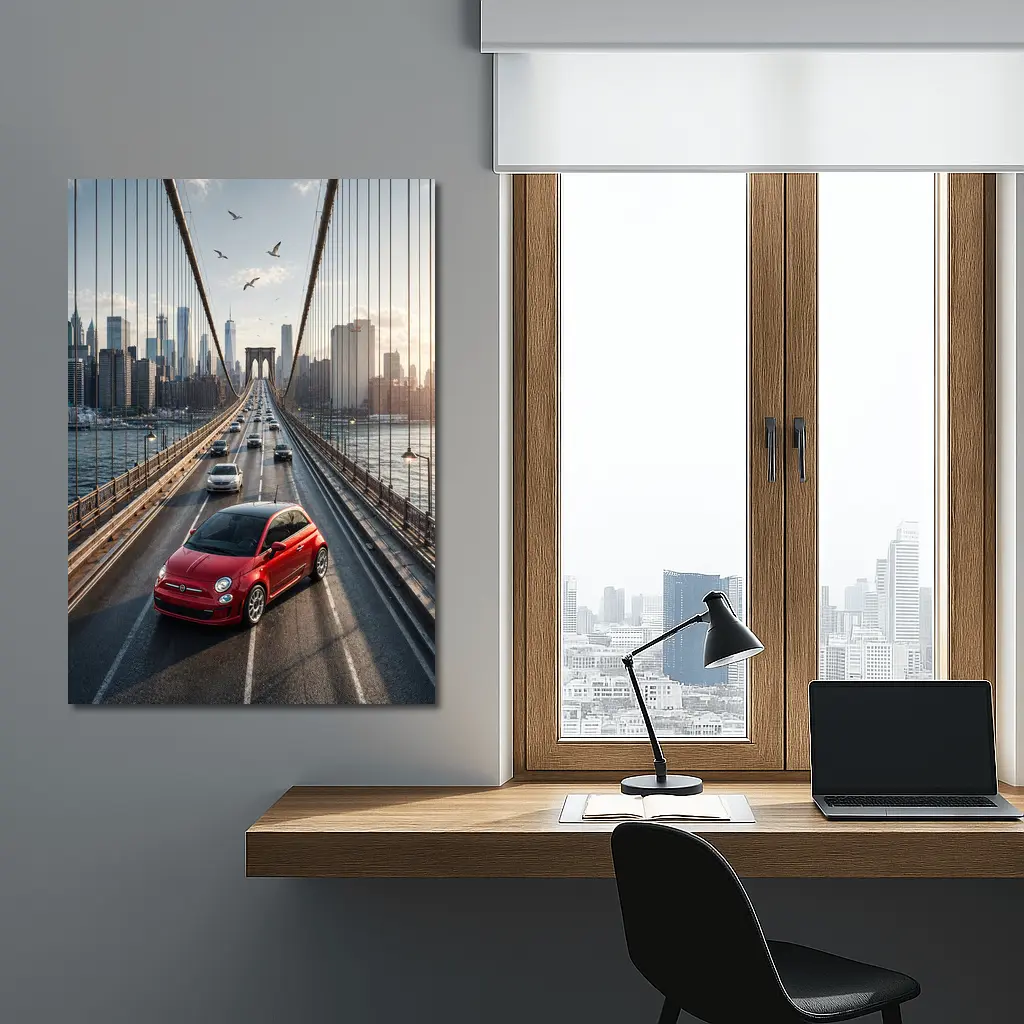 Fiat 500 Red on Brooklyn Bridge NYC – Wall Art