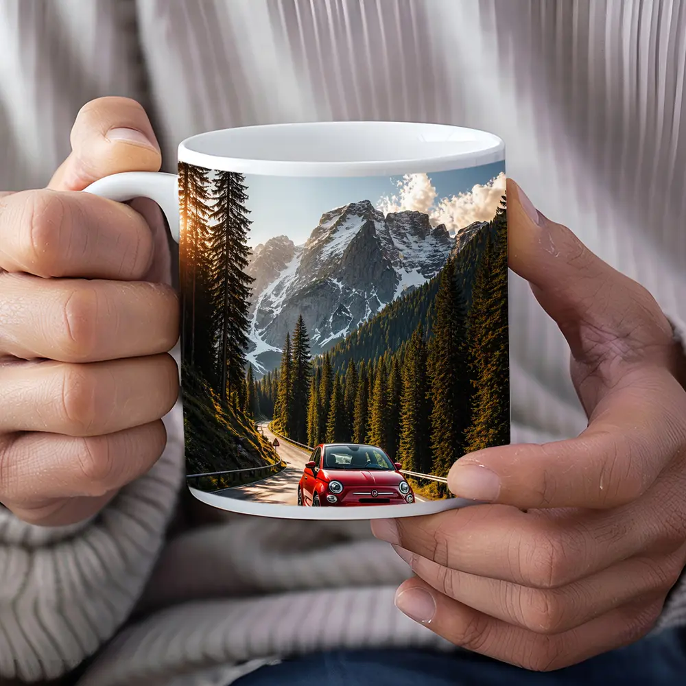 Red Fiat 500 Mountain Forest Road Drive – Mugs
