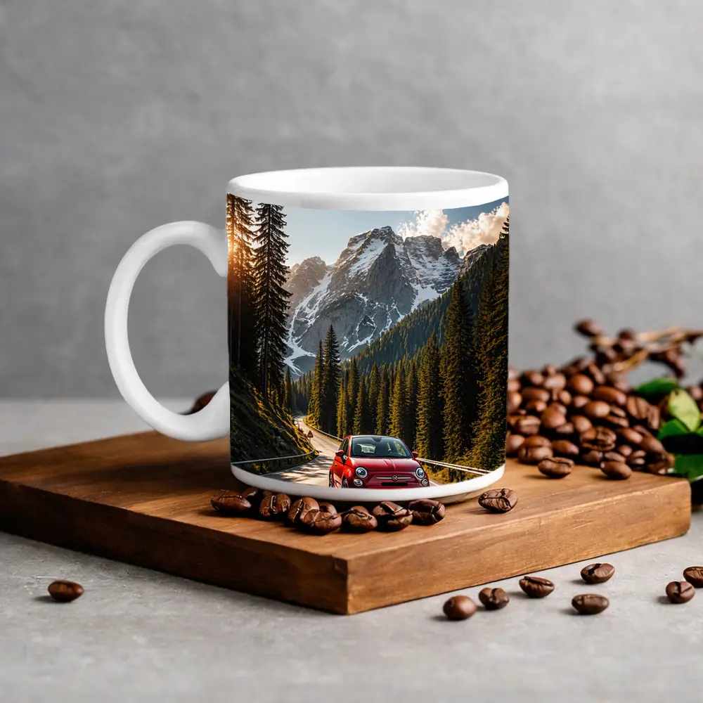 Red Fiat 500 Mountain Forest Road Drive – Mugs