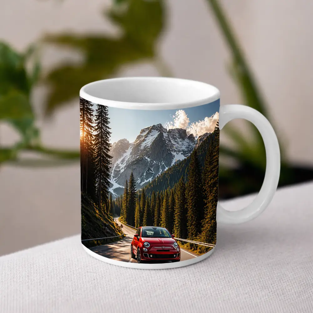 Red Fiat 500 Mountain Forest Road Drive – Mugs