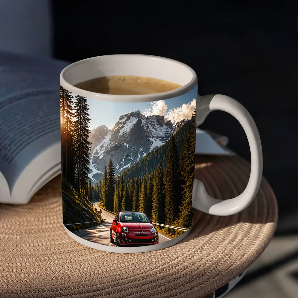 Red Fiat 500 Mountain Forest Road Drive – Mugs