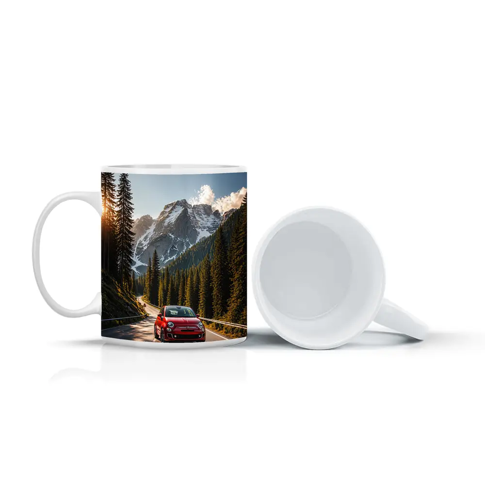 Red Fiat 500 Mountain Forest Road Drive – Mugs