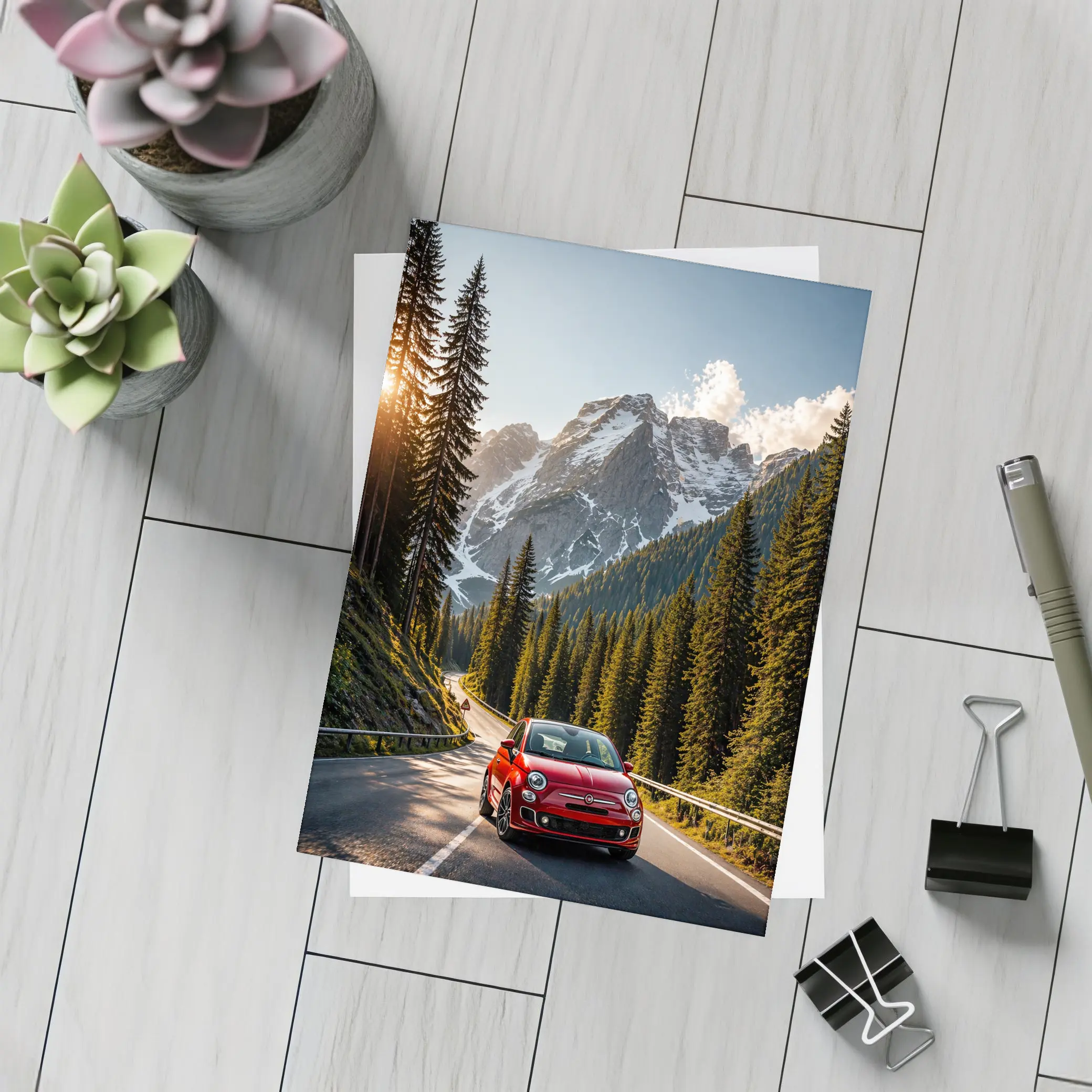 Red Fiat 500 Mountain Forest Road Drive – Postcards