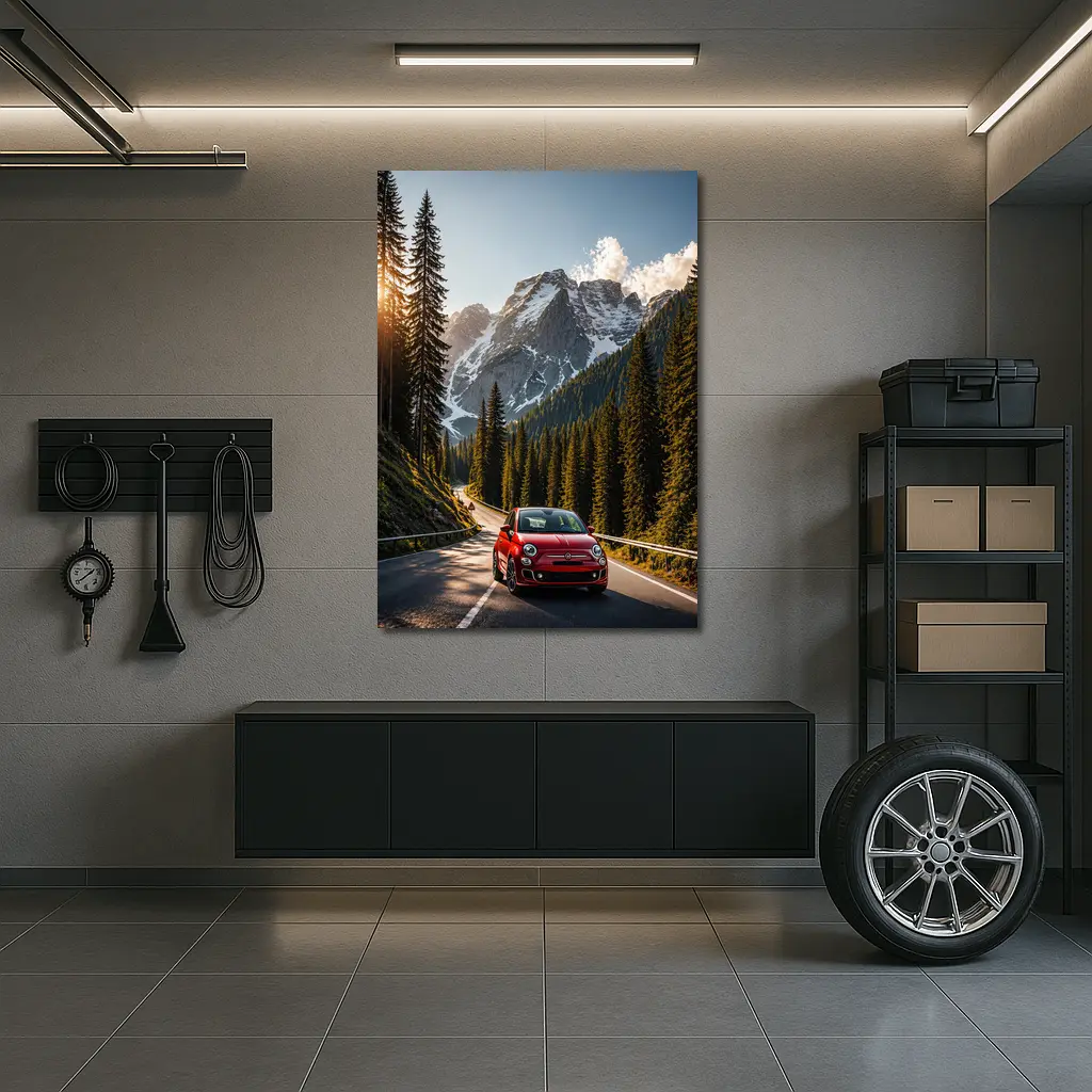 Red Fiat 500 Mountain Forest Road Drive – Wall Art
