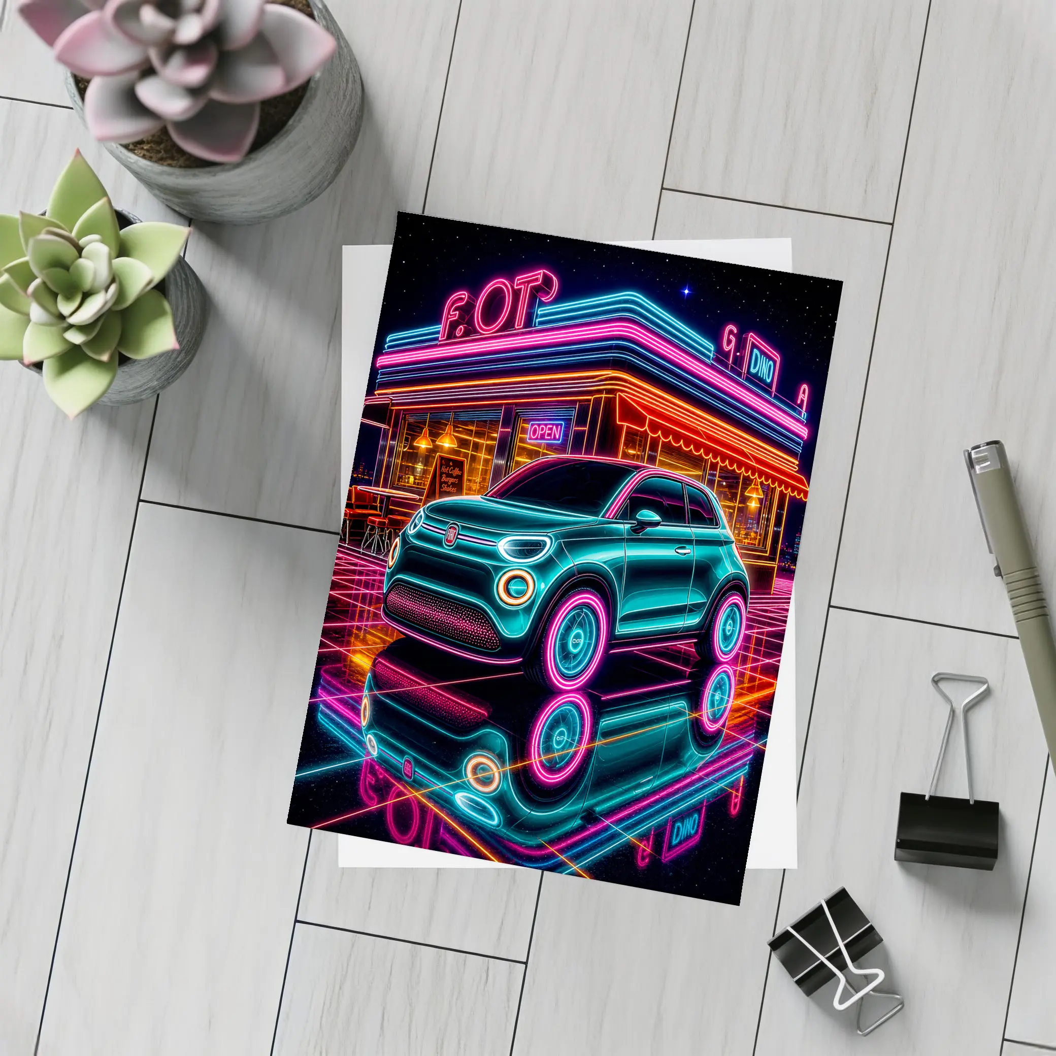 Fiat 500 Neon Glow Retro Diner Night – Postcards