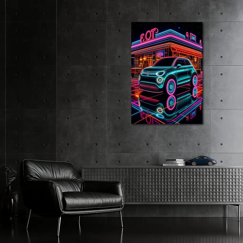 Fiat 500 Neon Glow Retro Diner Night – Wall Art