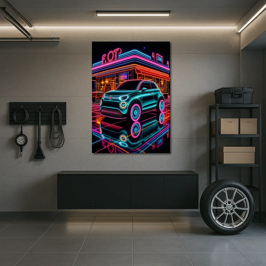 Fiat 500 Neon Glow Retro Diner Night – Wall Art