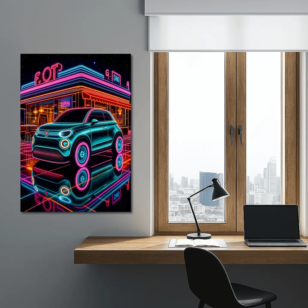 Fiat 500 Neon Glow Retro Diner Night – Wall Art