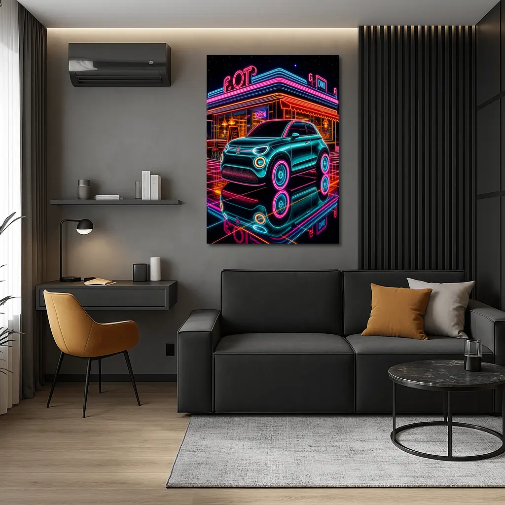 Fiat 500 Neon Glow Retro Diner Night – Wall Art
