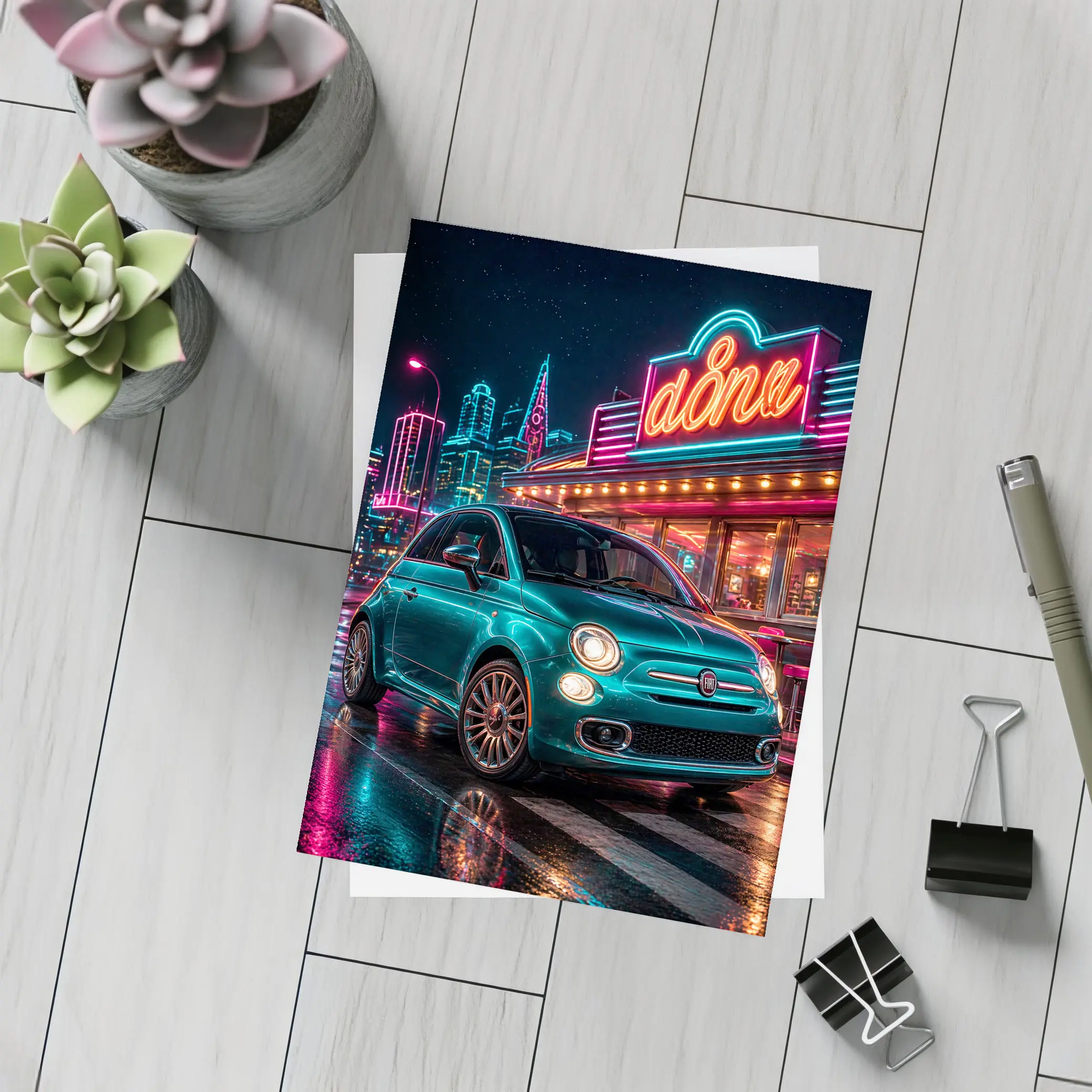 Fiat 500 Neon Diner Night City – Postcards
