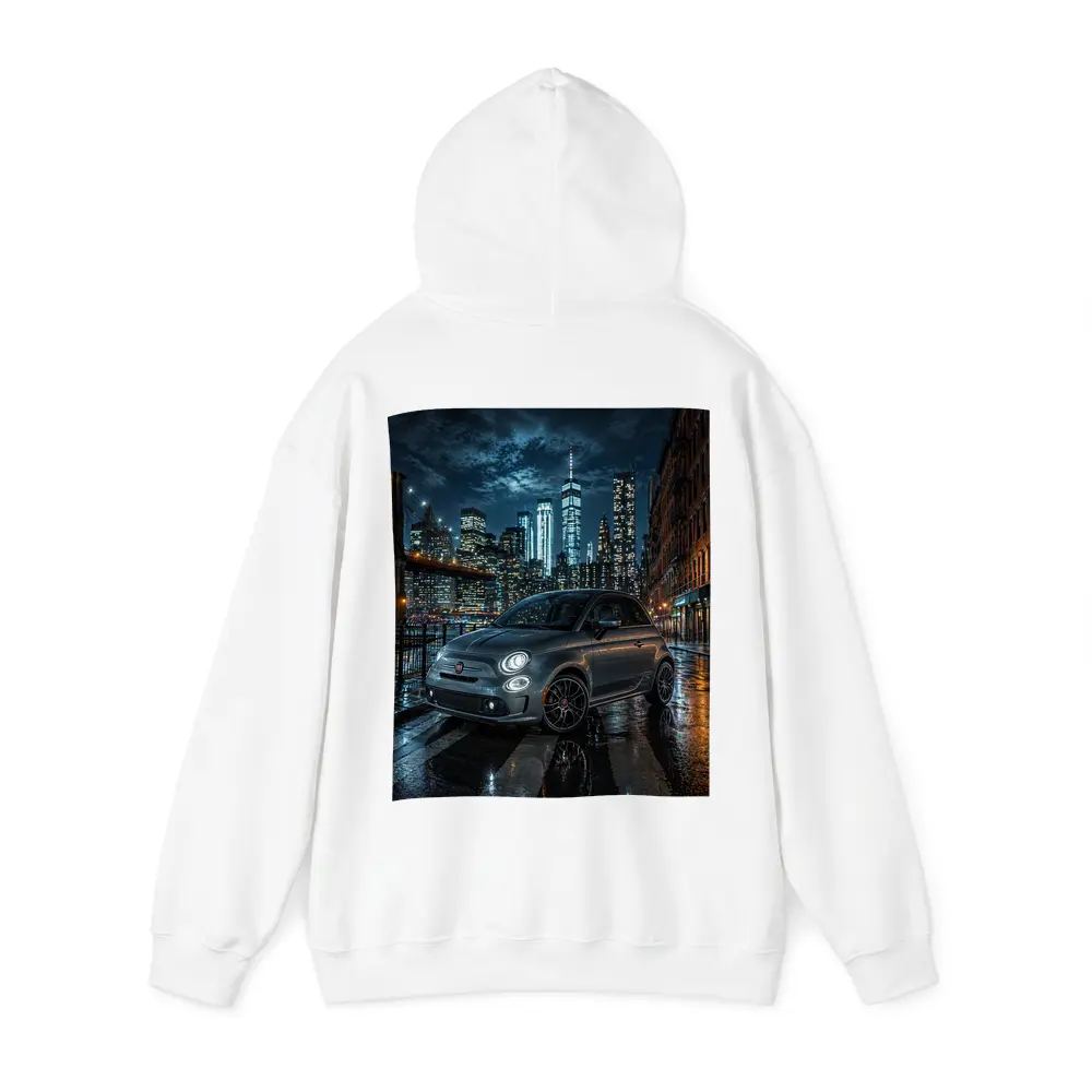 Fiat Abarth Parked on Rainy City Street – Hoodies