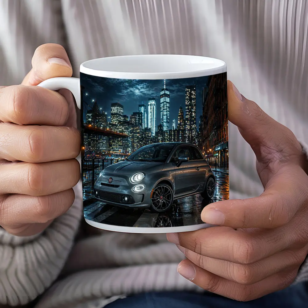 Fiat Abarth Parked on Rainy City Street – Mugs