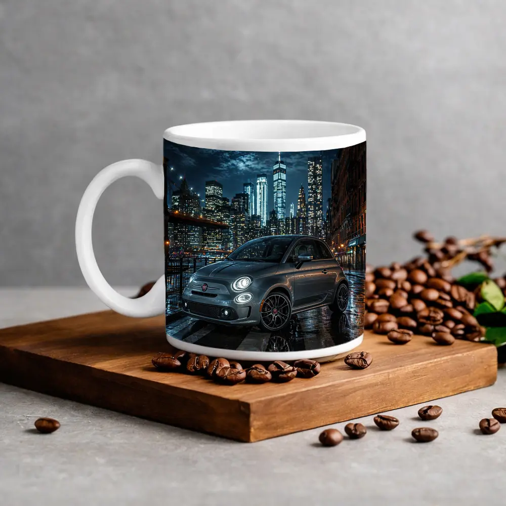 Fiat Abarth Parked on Rainy City Street – Mugs