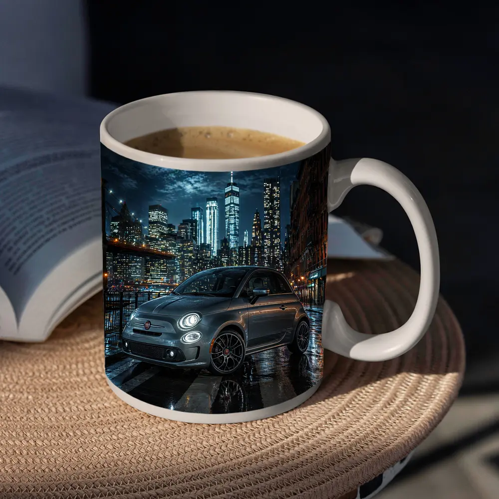Fiat Abarth Parked on Rainy City Street – Mugs