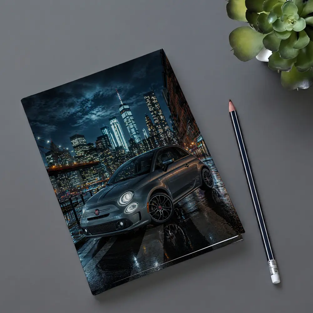 Fiat Abarth Parked on Rainy City Street – Notebooks